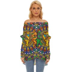 Dead Dancing Bears Grateful Dead Pattern Off Shoulder Chiffon Pocket Shirt by Grandong