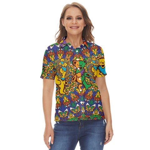 Dead Dancing Bears Grateful Dead Pattern Women s Short Sleeve Double Pocket Shirt by Grandong