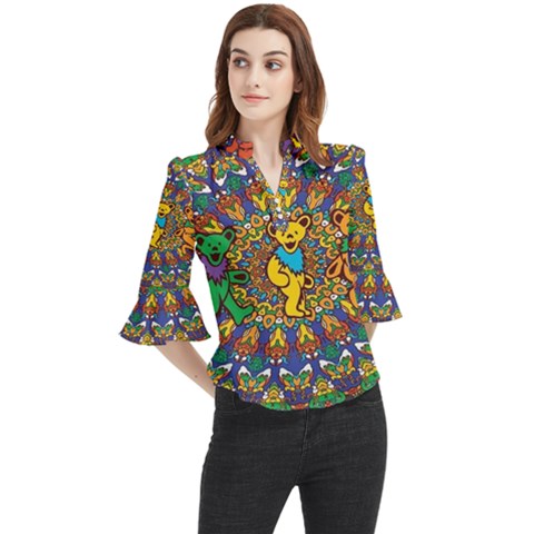 Dead Dancing Bears Grateful Dead Pattern Loose Horn Sleeve Chiffon Blouse by Grandong