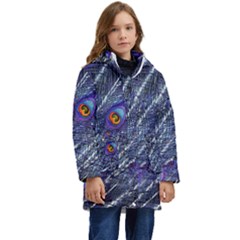 Peacock Bird Feathers Coloured Plumage Kids  Hooded Longline Puffer Jacket by Perong
