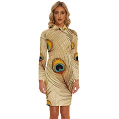 Vintage Peacock Feather Peacock Feather Pattern Background Nature Bird Nature Long Sleeve Shirt Collar Bodycon Dress by Maspions