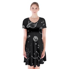 Black Space Drawing Art Planet Drawing Stars Black Space Galaxy Outer Space Short Sleeve V-neck Flare Dress by Perong