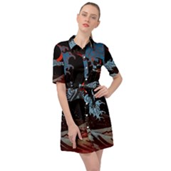 Night In The Ocean Red Waves Art Moon Dark Japanese Wave Belted Shirt Dress by Perong