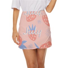 July Summer Strawberry Pink Berry Mini Front Wrap Skirt by Grandong
