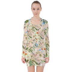 Textile Fabric Tropical V-neck Bodycon Long Sleeve Dress by Paksenen