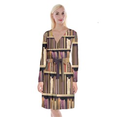 Books Bookshelves Office Fantasy Background Artwork Book Cover Apothecary Book Nook Literature Libra Long Sleeve Velvet Front Wrap Dress by Posterlux
