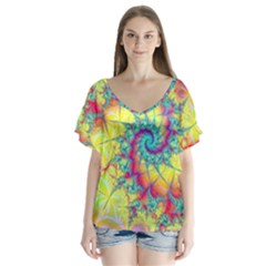 Fractal Spiral Abstract Background Vortex Yellow V-neck Flutter Sleeve Top by Ket1n9