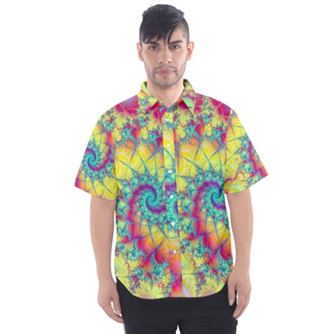 Fractal Spiral Abstract Background Vortex Yellow Men s Short Sleeve Shirt by Ket1n9