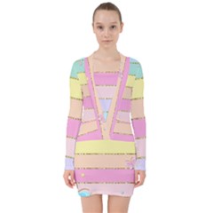 Pastel, Butterfly, Spring, Stripes, V-neck Bodycon Long Sleeve Dress by kyorashop23