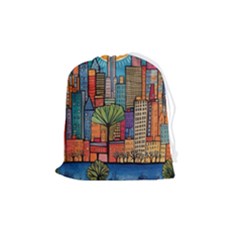 City New York Nyc Skyscraper Skyline Downtown Night Business Urban Travel Landmark Building Architec Drawstring Pouch (medium) by Posterlux