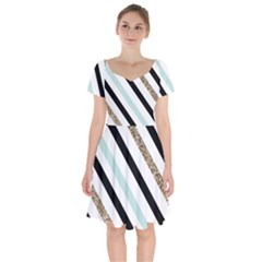 Pattern, Blue, Gold, Lines, Stripes Short Sleeve Bardot Dress by kyorashop23