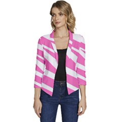 White Pink Stripes, Pattern Women s Casual 3/4 Sleeve Spring Jacket by kyorashop23