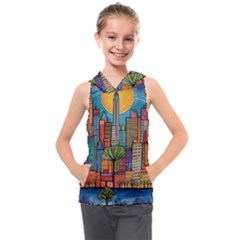 City New York Nyc Skyscraper Skyline Downtown Night Business Urban Travel Landmark Building Architec Kids  Sleeveless Hoodie by Posterlux