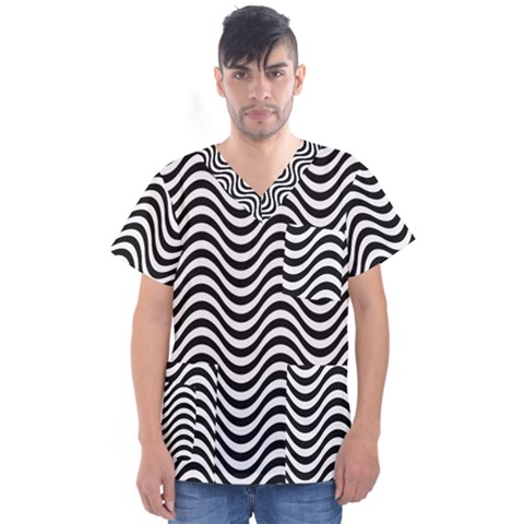Black White Wave Pattern Wavy Water Seamless Men s V-neck Scrub Top by Posterlux