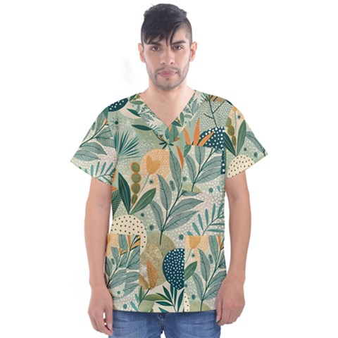 Leaves Pattern Flora Nature Men s V-neck Scrub Top by Posterlux
