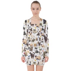 Cats, All, Collage, Cat V-neck Bodycon Long Sleeve Dress by kyorashop23