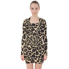 Jaguar Skin Texture, Jaguar Wool Texture, Yellow V-neck Bodycon Long Sleeve Dress by kyorashop23