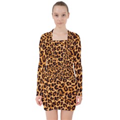 Leopard Skin Texture Macro, Brown V-neck Bodycon Long Sleeve Dress by kyorashop23