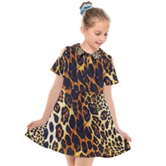 Leopard Skin Texture, Macro, Brown Kids  Short Sleeve Shirt Dress by kyorashop23