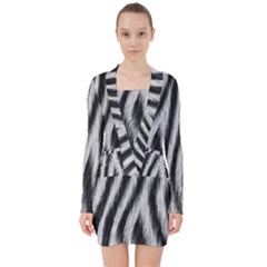 Zebra Texture, Zebra Wool, White Black Background V-neck Bodycon Long Sleeve Dress by kyorashop23