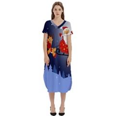 Deer Santa Claus Flying Trees Moon Night Merry Christmas T-shirt Midi Dress With Pockets by anzea