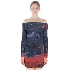 Astrology Surreal Surrealism Trippy Visual Art Long Sleeve Off Shoulder Dress by Bedest