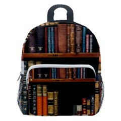 Assorted Title Of Books Piled In The Shelves Assorted Book Lot Inside The Wooden Shelf Kids  Age 5-10 Lightweight School Backpack With Side Pockets by Bedest
