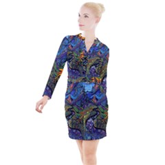 Psychedelic Digital Art Artwork Landscape Colorful Button Long Sleeve Dress by Bedest