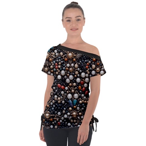 Pearls And Stones Off Shoulder Tie-up T-shirt by dedoma