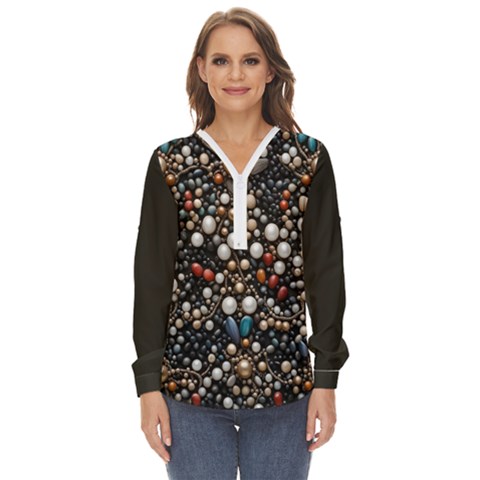 Pearls And Stones Zip Up Long Sleeve Blouse by dedoma
