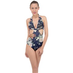 Japanese Wave Koi Illustration Pattern Halter Front Plunge Swimsuit by Ndabl3x