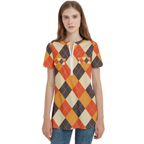 Halloween Argyle Pattern  Women s Zip Front V-neck Short Sleeve Casual Top Pocket Shirt by Safari