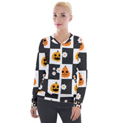 Seamless Halloween Pattern With Smiling Pumpkin 20240926 161714 0000 Velvet Zip Up Jacket by Safari