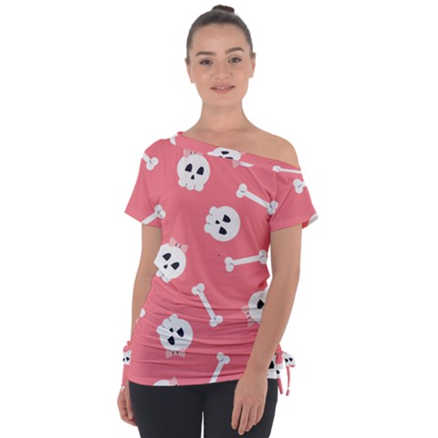 Halloween Pattern With Sculles And Bones 20240926 160927 0000 Off Shoulder Tie-up T-shirt by Safari