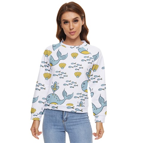 Whale Cartoon Whale Seamless Cartoon Character Animals Leaf Women s Long Sleeve Raglan T-shirt by Grandong