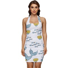 Whale Cartoon Whale Seamless Cartoon Character Animals Leaf Sleeveless Wide Square Neckline Ruched Bodycon Dress by Grandong