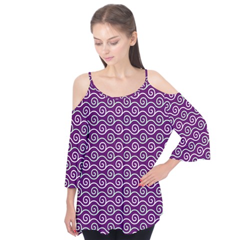 Violet White Pattern Flutter Sleeve T-shirt by ytdream