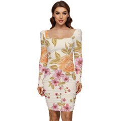 Peony Flower Floral Flora Pattern Women Long Sleeve Ruched Stretch Jersey Dress by Bedest