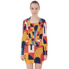 Abstract Pattern V-neck Bodycon Long Sleeve Dress by Bedest