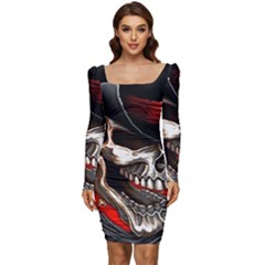 Confederate Flag Usa America United States Csa Civil War Rebel Dixie Military Poster Skull Women Long Sleeve Ruched Stretch Jersey Dress by Ket1n9