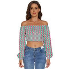 Yellow Blue Pattern Long Sleeve Crinkled Weave Crop Top by ytdream