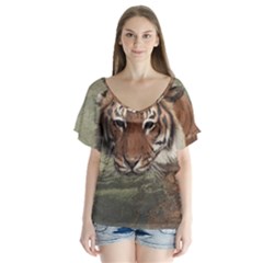 Swimming Tiger V-neck Flutter Sleeve Top by ExtraAwesomeSauce
