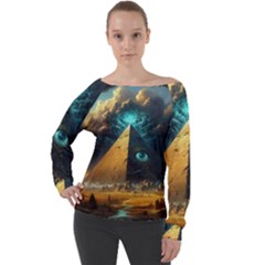 Mystic Blue Pyramid Art Off Shoulder Long Sleeve Velour Top by ExtraAwesomeSauce