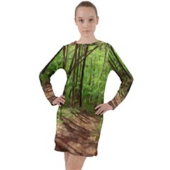 Peaceful Green Forest Walk Long Sleeve Hoodie Dress by ExtraAwesomeSauce