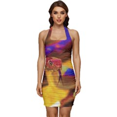 Vibrant Forked-tongue Snake Art Sleeveless Wide Square Neckline Ruched Bodycon Dress by ExtraAwesomeSauce