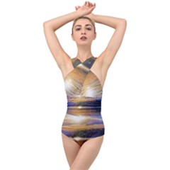 Serene Sunset Over Water Cross Front Low Back Swimsuit by ExtraAwesomeSauce
