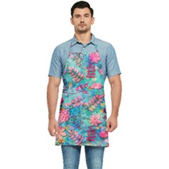 Pink On Blue Leaves Kitchen Apron by kyorashop23