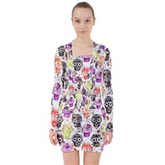 Sugar Skulls - Floral V-neck Bodycon Long Sleeve Dress by kyorashop23