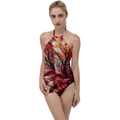 Forest Path Red Nature Go With The Flow One Piece Swimsuit by Bedest