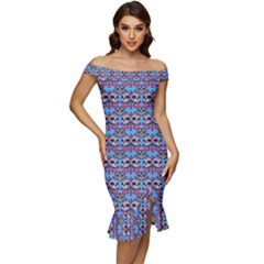 Colorful Sugar Skull Cat Pattern Off Shoulder Ruffle Split Hem Bodycon Dress by ExtraAwesomeSauce